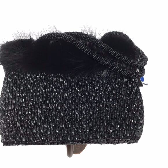 Mitchie’s Black Beaded Evening Bag Faux Fur Trim Top Handle Purse NWT Vintage - Picture 10 of 16